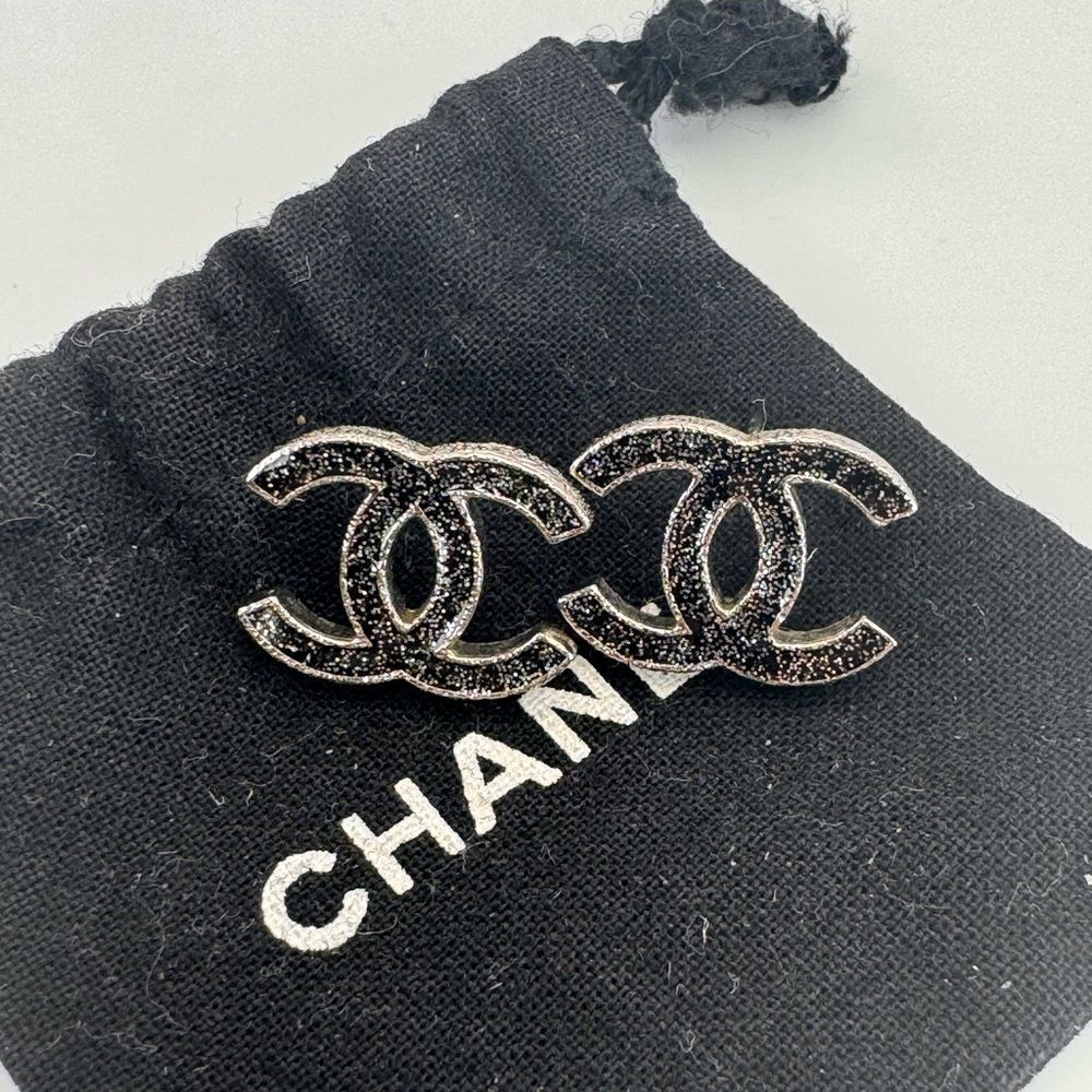 Chanel CC Enamel Glitter Silver Tone Stud Earrings - Picture 7 of 11